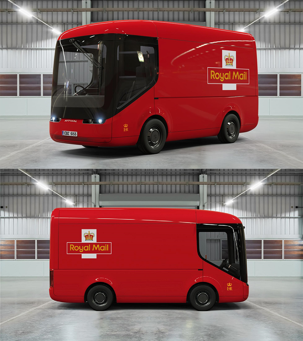 Two images of a modern red Royal Mail delivery van in a spacious, well-lit garage. The first shows a front angle, and the second shows a side view with the Royal Mail logo and crown.