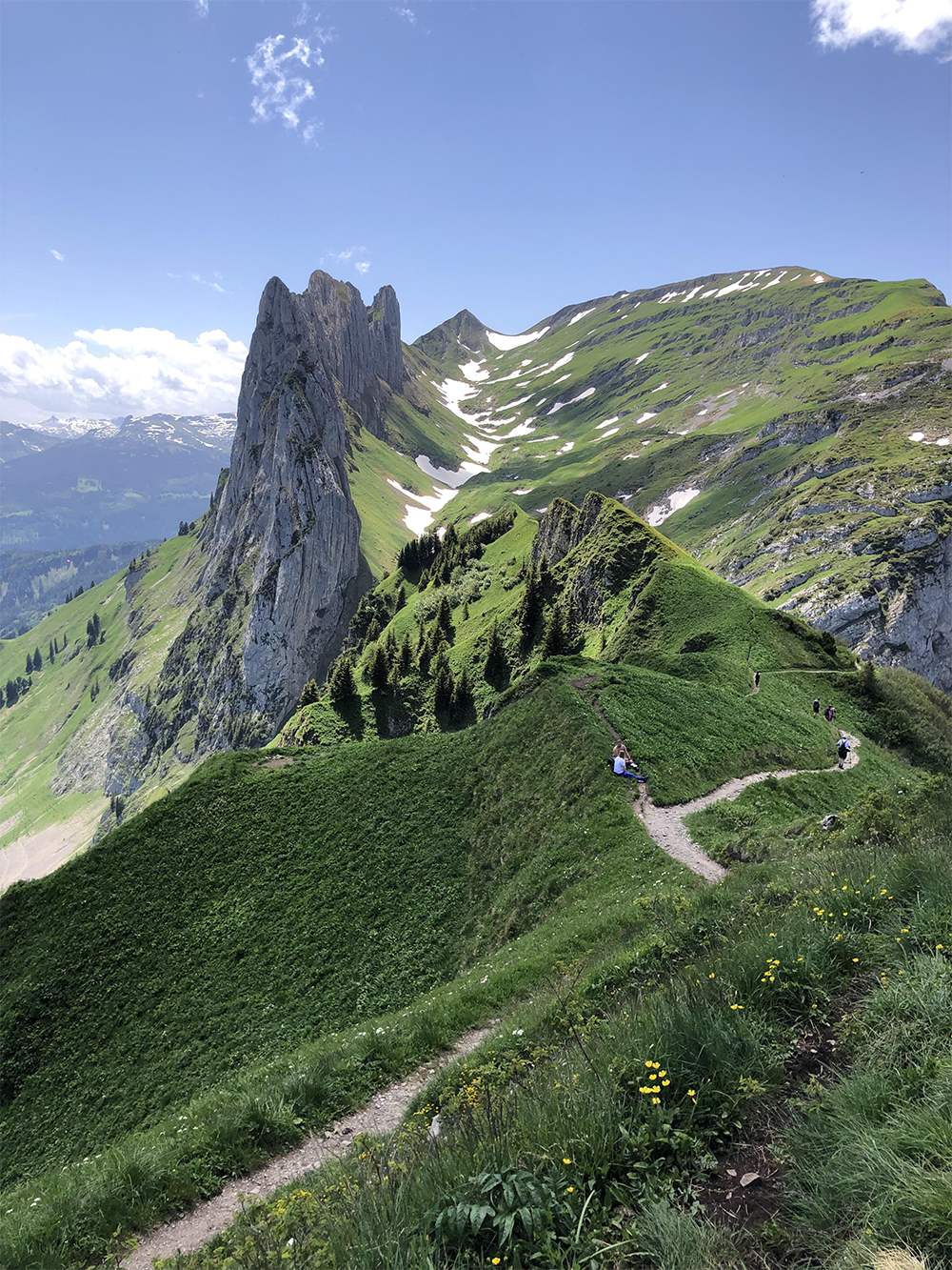 A narrow hiking trail winds along a lush green mountain ridge with steep rocky peaks and patches of snow under a blue sky. Hikers are visible on the path, surrounded by grass and scattered trees.