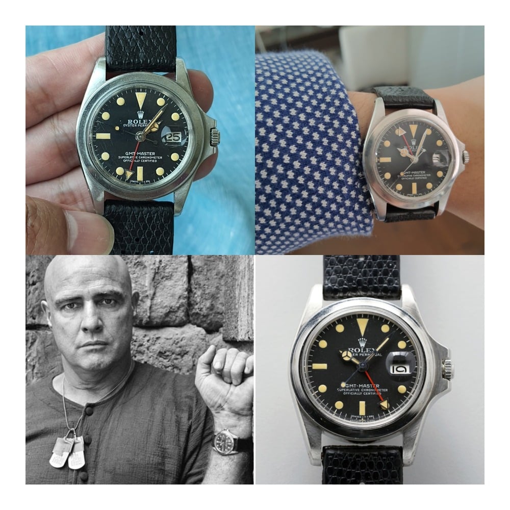 A collage shows a vintage Rolex watch in close-up, on a wrist, and worn by a man in a black-and-white photo; the watch has a black dial and black strap.