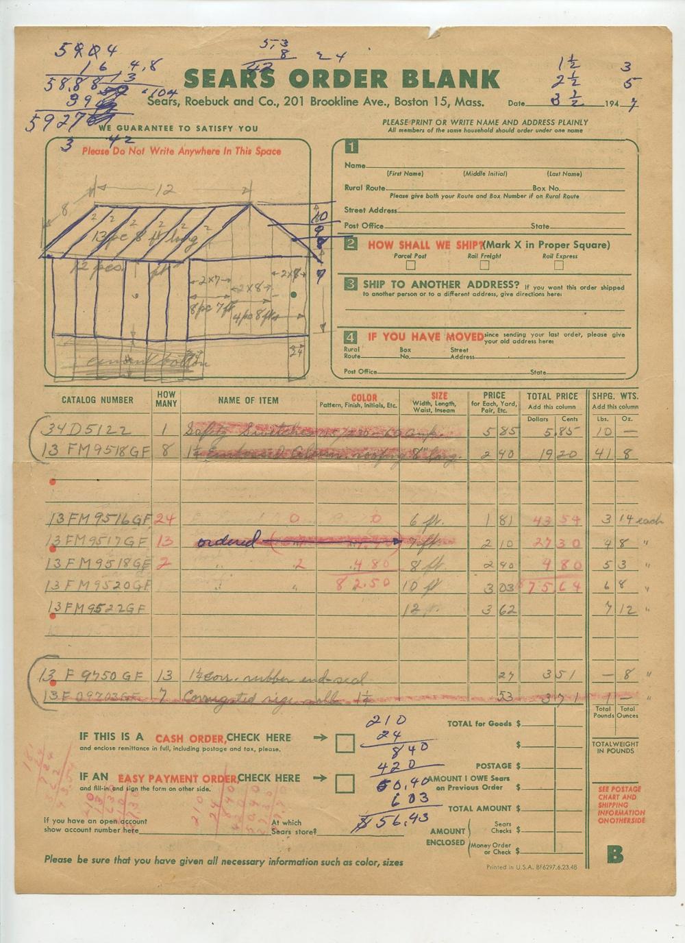 A vintage Sears order blank form with handwritten notes and calculations in blue and red ink. The form includes columns for product details, shipping, and payment options. A sketch of a house appears at the top left.