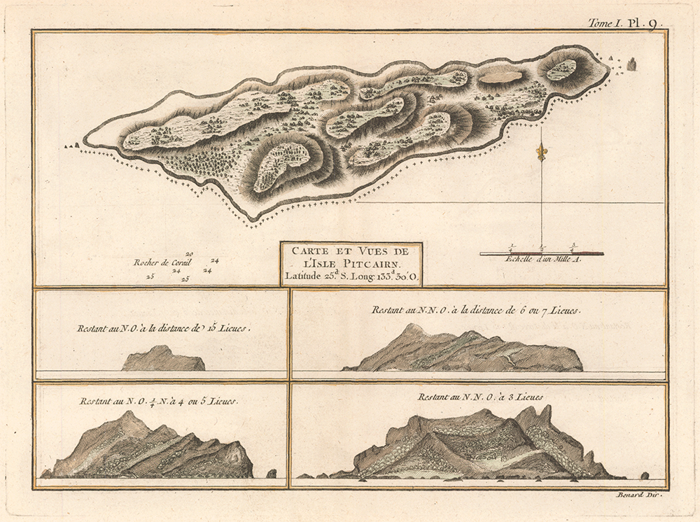 An antique map of Pitcairn Island, with four smaller landscape views of the island from different perspectives below the main illustration. Labels and scale are in French.