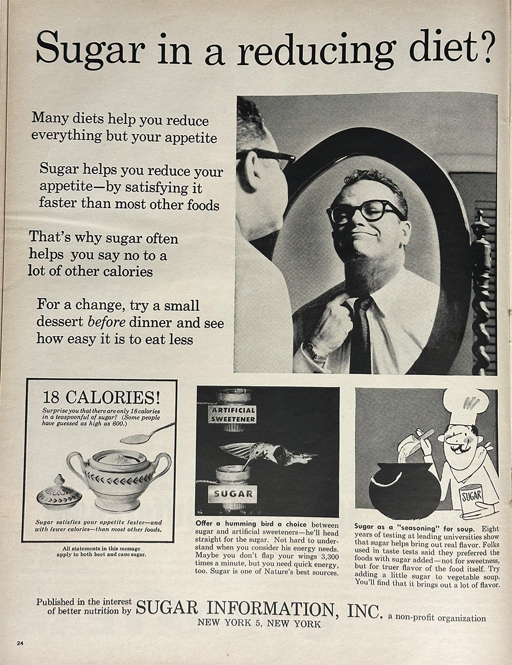 A vintage black-and-white advertisement promotes sugar in diets, showing a man looking at himself in a mirror, with text highlighting sugar’s appetite-reducing benefits and illustrations of sugar in various foods.