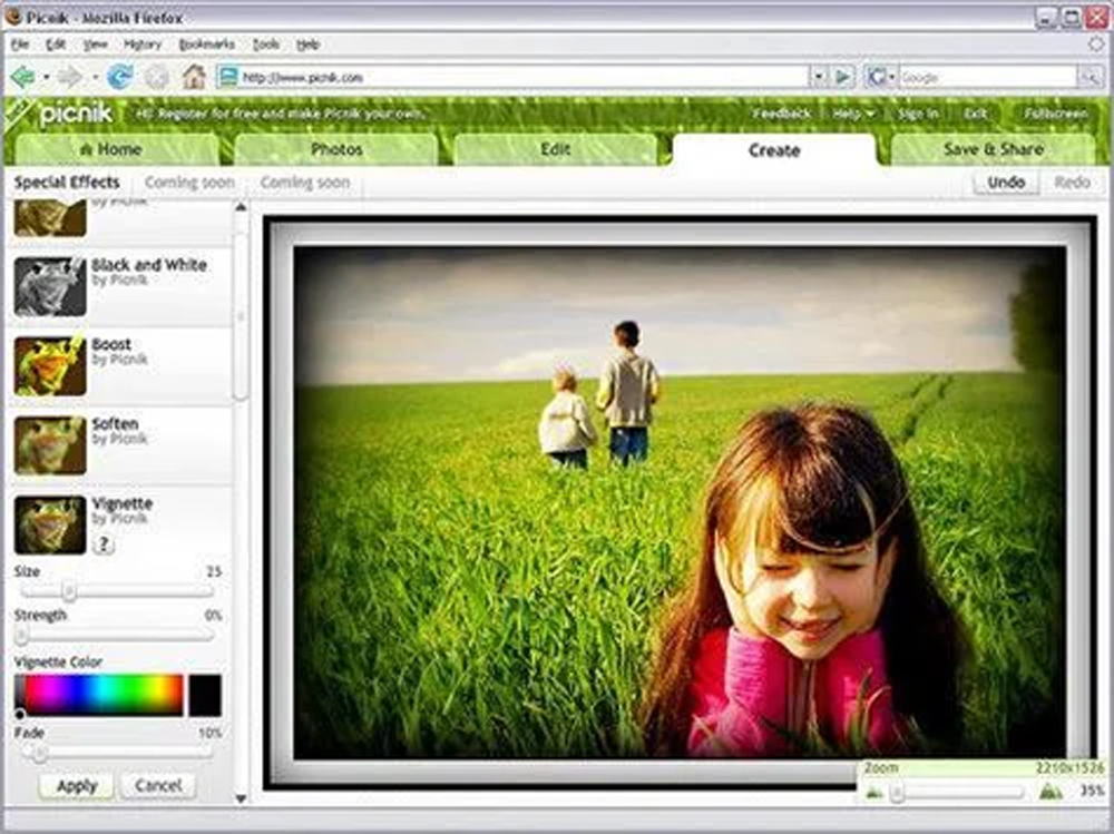 A photo editing program is open on a computer screen, displaying an edited image of three children in a green field, with editing tools and effects options visible on the left side.