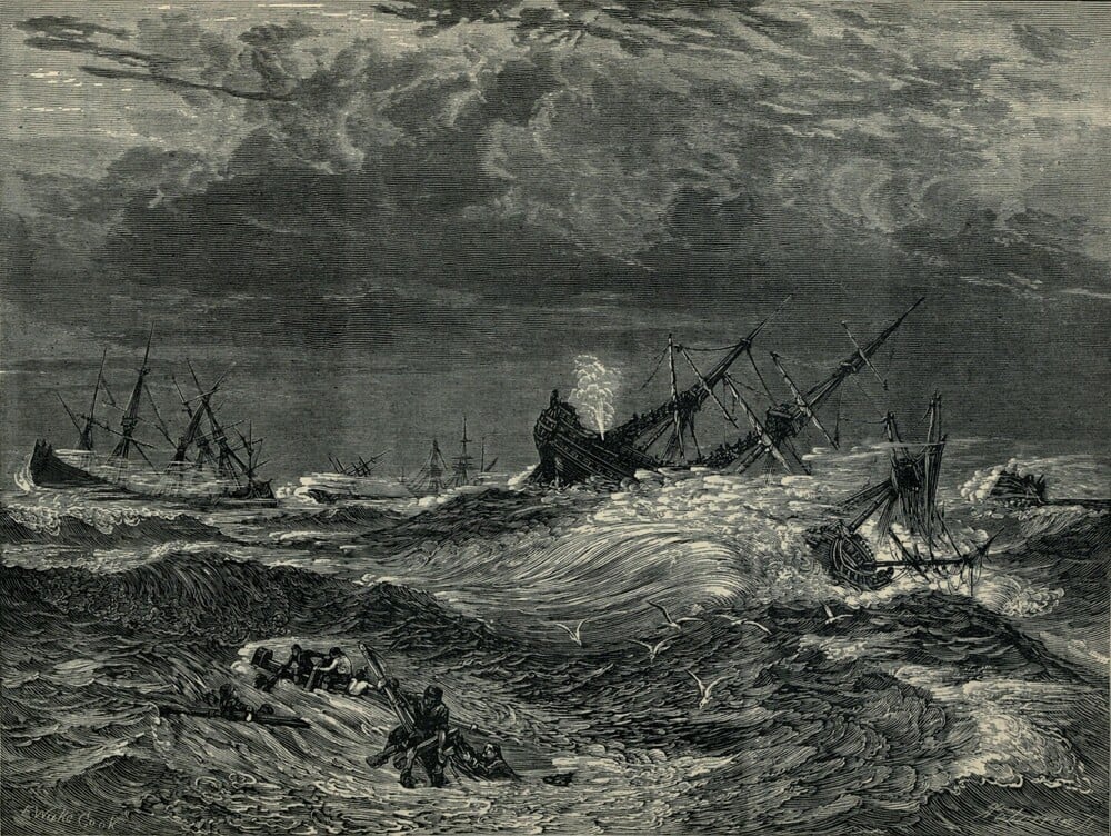 Black and white engraving of a stormy sea with several shipwrecks; people in small boats struggle against large waves under a dark, cloudy sky.