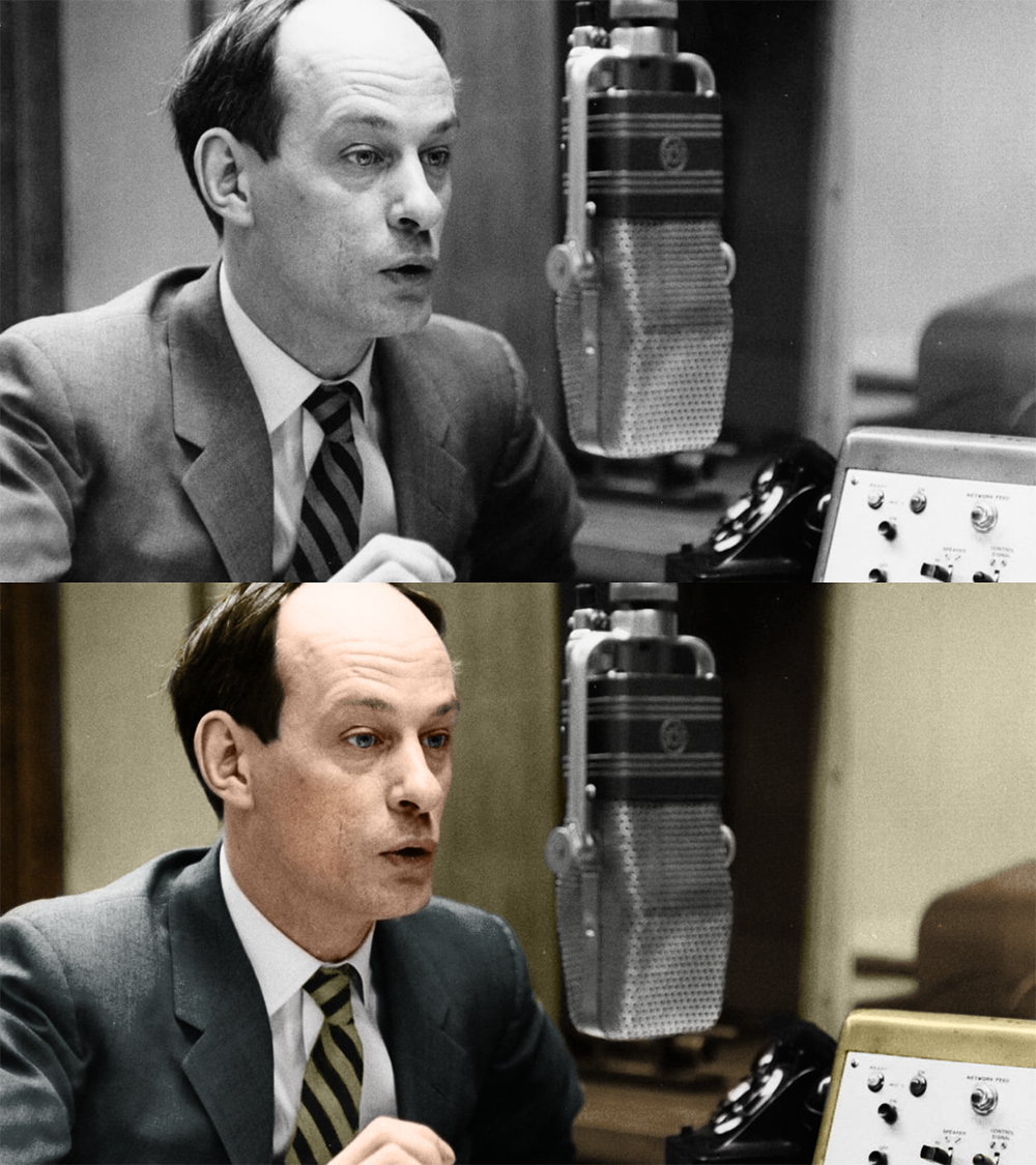 A man in a suit speaks into a large vintage microphone in a recording studio. The top image is black and white; the bottom is colorized. Both show the same scene from the same angle.