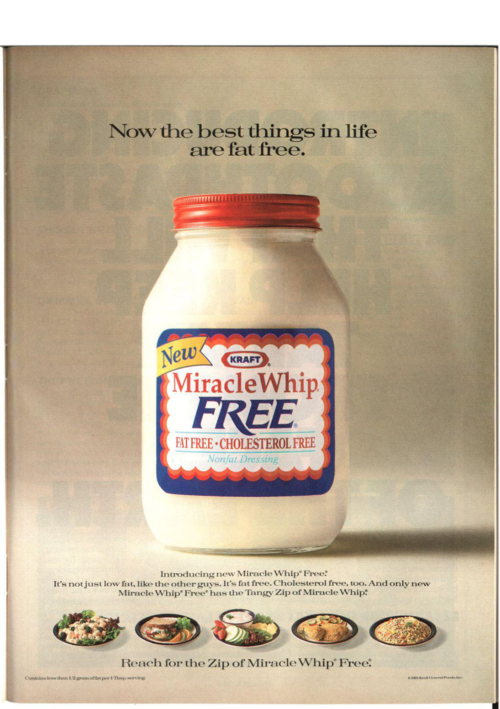 A vintage Kraft Miracle Whip Free advertisement shows a jar labeled “Fat Free, Cholesterol Free” on a beige background with the slogan “Now the best things in life are fat free.”