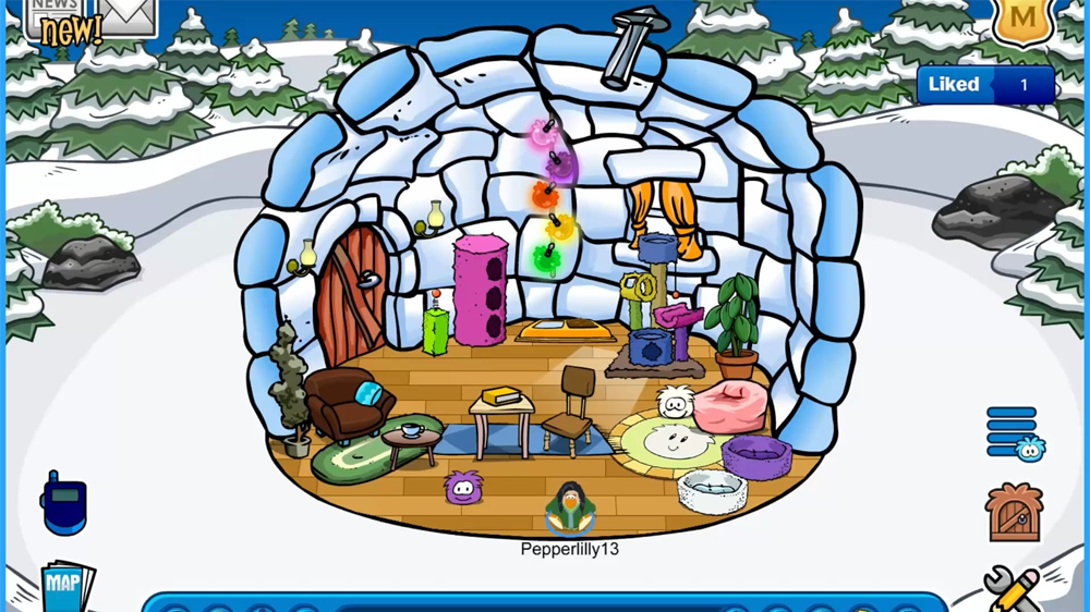 A virtual igloo with colorful furniture, beanbags, pet puffles, plants, a stereo, a lamp, and windows, set in a snowy landscape from the online game Club Penguin. A penguin avatar named Pepperlilly13 stands inside.