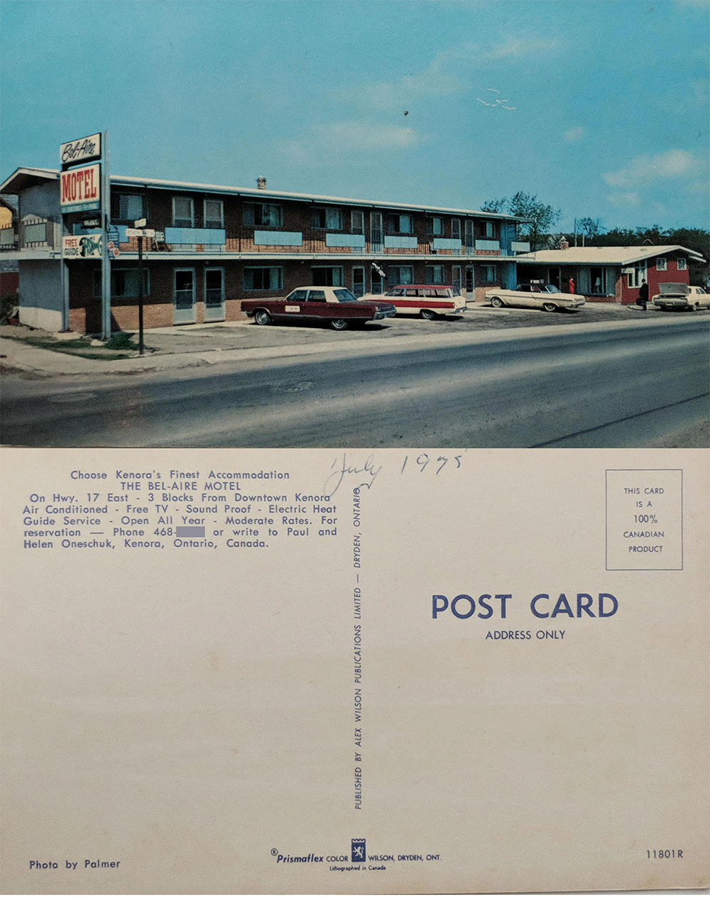 A vintage postcard shows the Belize Motel with parked cars in front, and a handwritten note dated July 1975. The motel has two stories and a classic sign by the road. The postcard back is blank except for printed details.