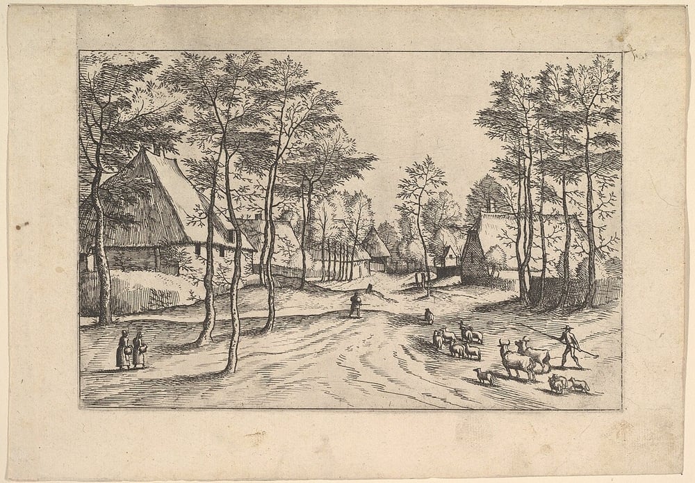 A black-and-white etching of a rural village with thatched-roof houses, tall trees, people walking, and figures herding cows along a dirt road.