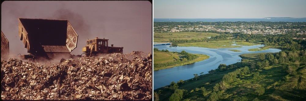 Split image: Left side shows a bulldozer on a landfill full of trash; right side shows a lush, green landscape with a river winding through fields and a distant town.