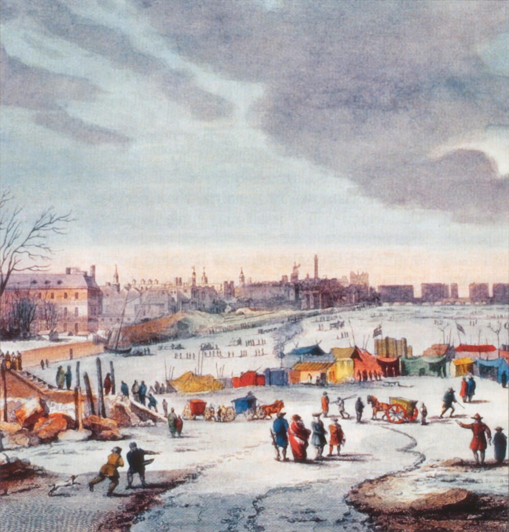 A historical scene of people walking and gathering on a frozen river, with colorful tents set up and city buildings in the background under a cloudy sky.
