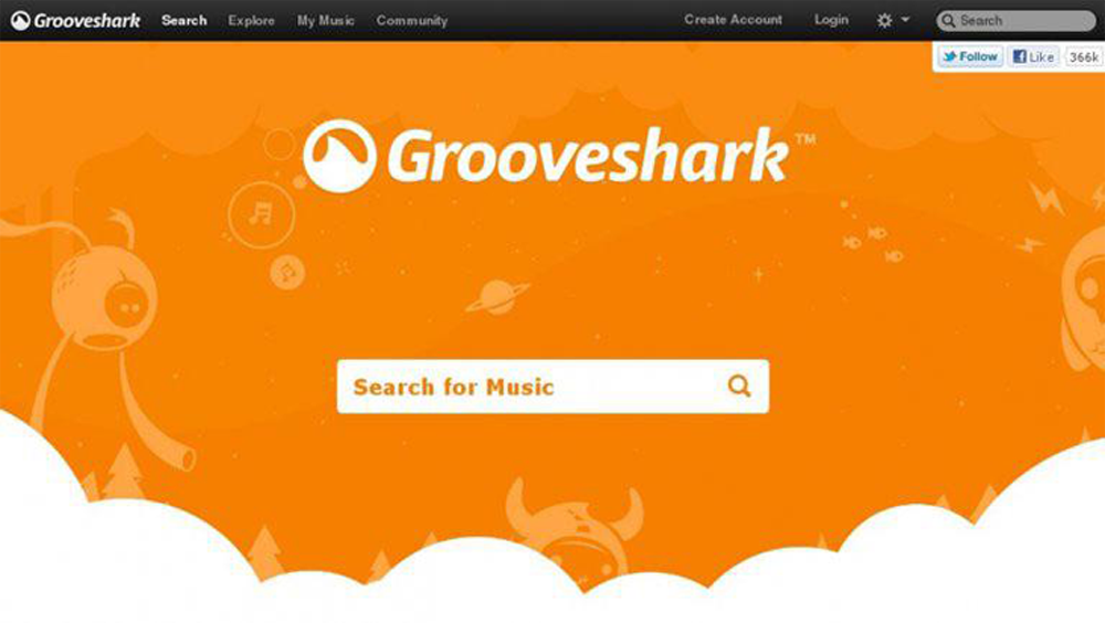 Grooveshark homepage with an orange background, white cloud-like shapes at the bottom, cartoon creatures, and a search bar that says “Search for Music” below the Grooveshark logo.