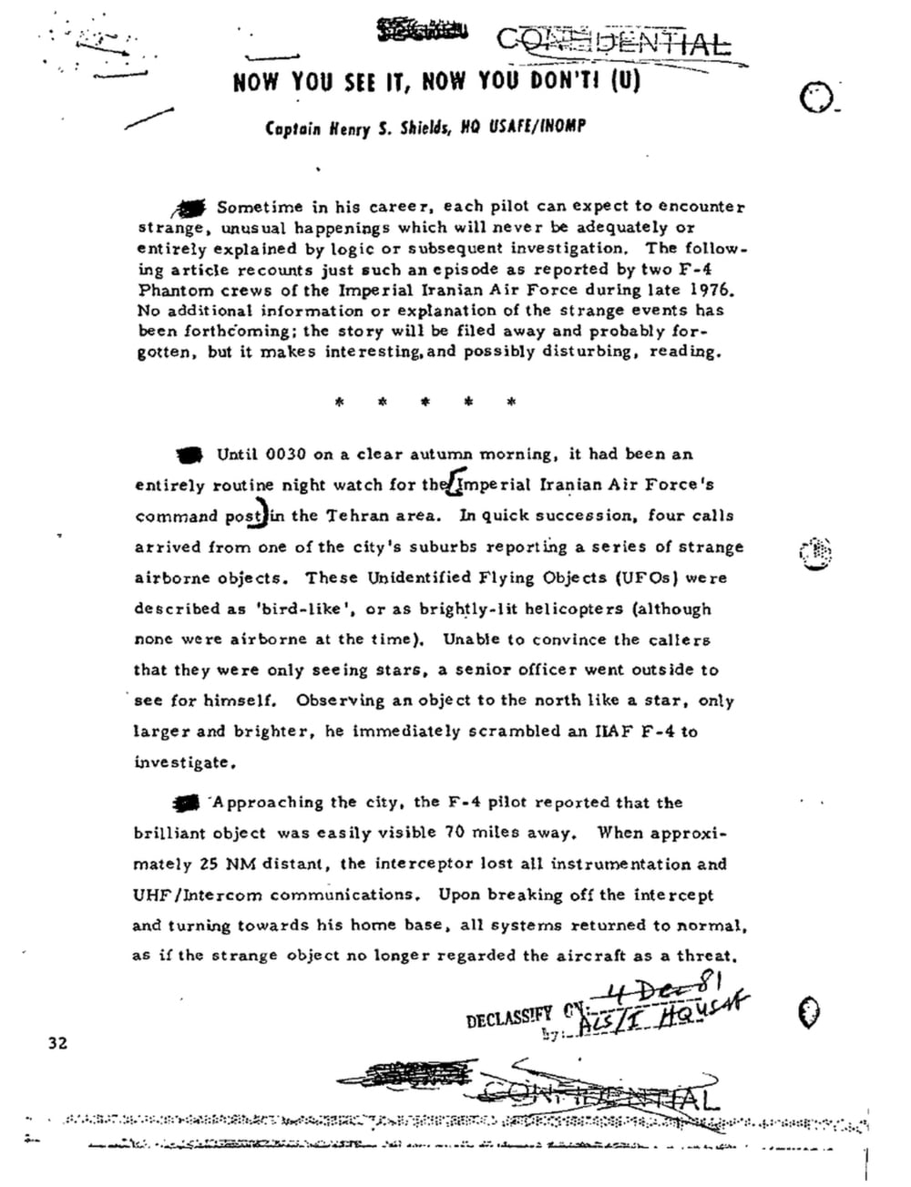 A declassified document titled “NOW YOU SEE IT, NOW YOU DON’T(!)” discusses a 1976 UFO sighting over Tehran, Iran, with typed text, some redacted sections, and visible stamps for confidentiality and declassification.