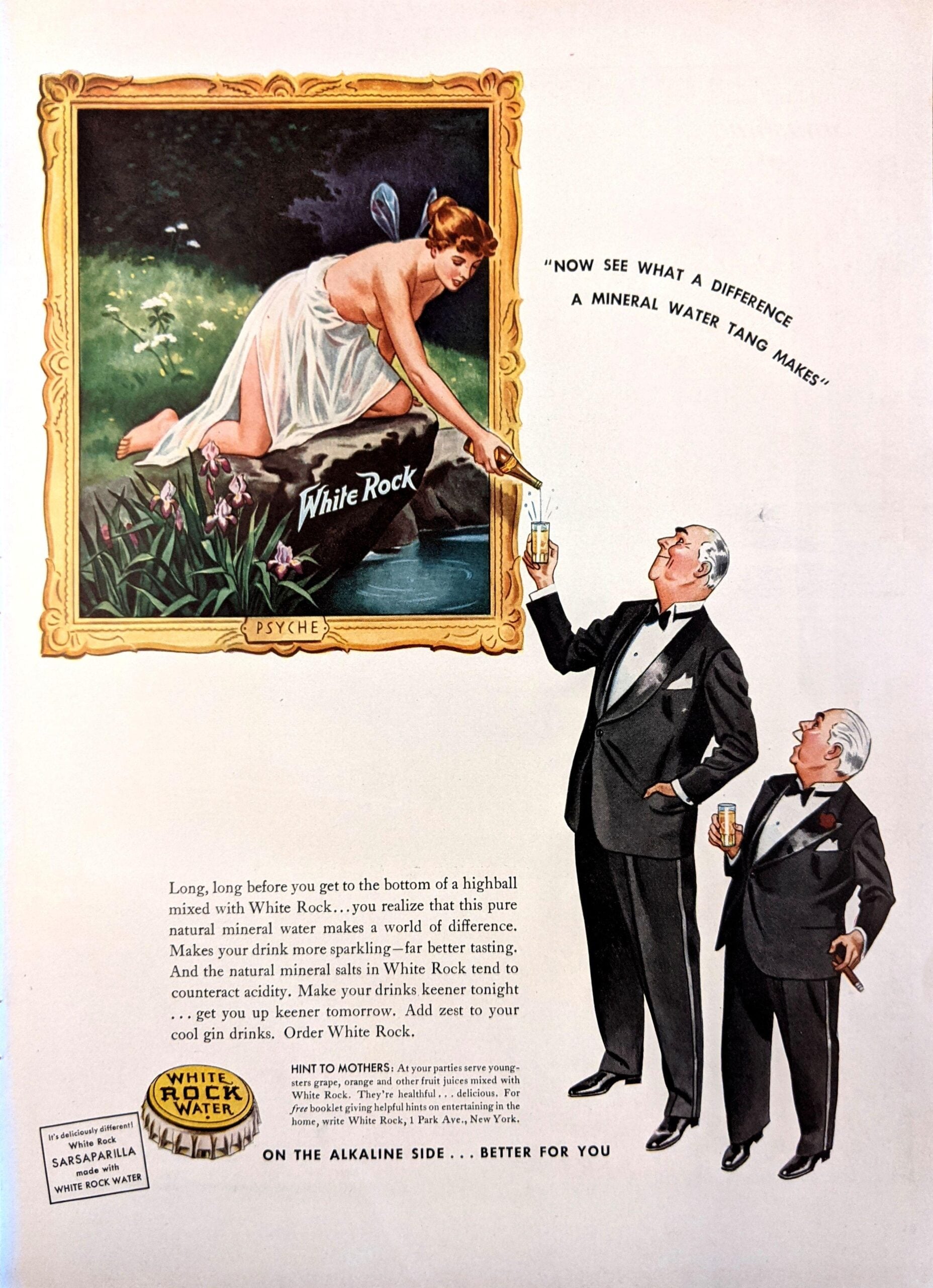 A fairy labeled “Psyche” pours White Rock mineral water from a stream into a glass held by a well-dressed man, while another man looks on. Text promotes the health benefits of the mineral water.
