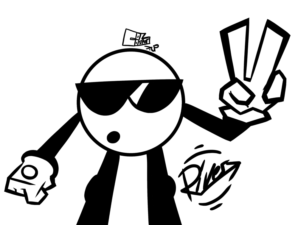 A cartoon stick figure wearing sunglasses holds up a peace sign with one hand and clenches a fist with the other. The figure has a confident pose and some stylized text near its waist.