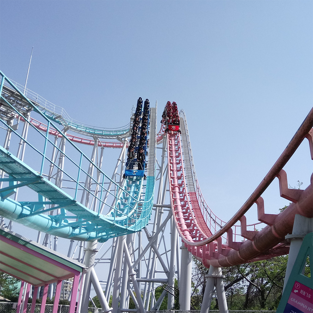 Roller coaster with blue and pink tracks, each carrying a train of riders up a steep hill under a clear blue sky, framed by the coaster’s colorful metal supports.