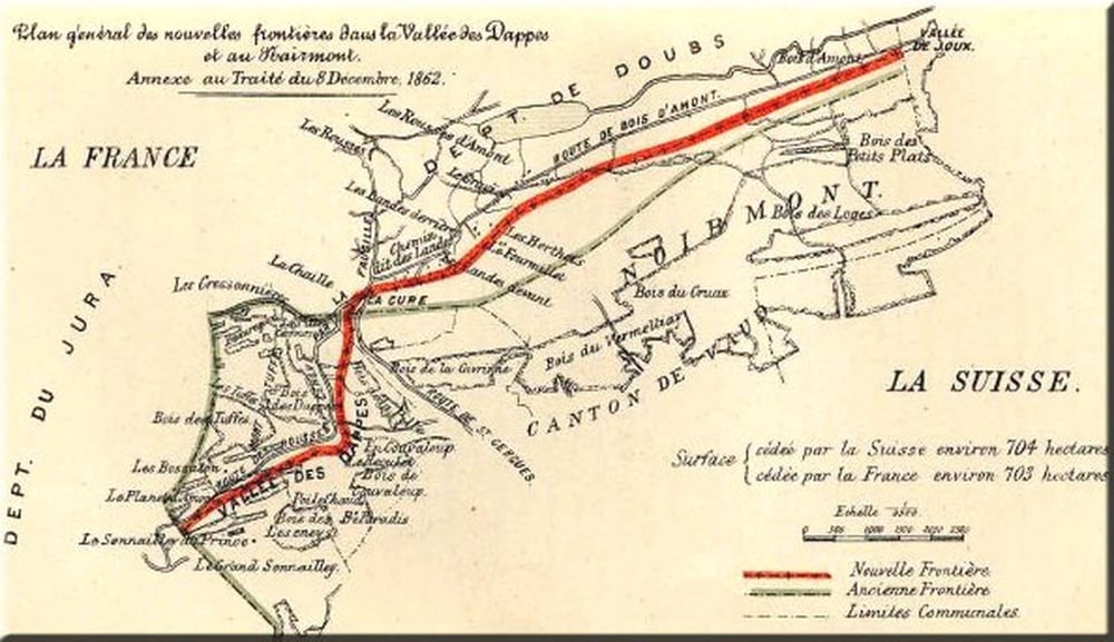 Old map showing the border between France and Switzerland, with a red line marking the boundary and labeled regions including Jura, Doubs, and Canton de Vaud. Text in French explains the map details and historical context.