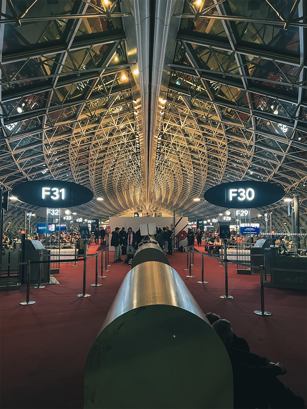 A modern airport terminal with a geometric ceiling, red carpet, and signs for gates F31 and F30. People are waiting near the gates with seating areas visible on both sides.