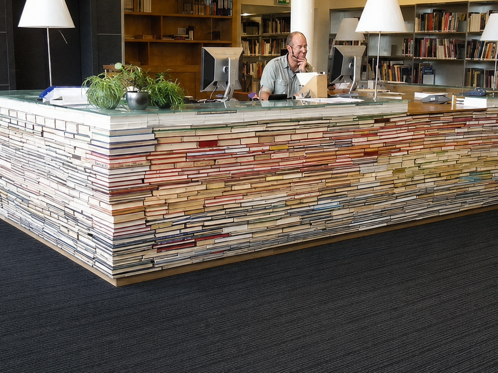 A man sits at a library desk made from stacked books, working on a computer. Shelves of books and modern lamps are in the background.