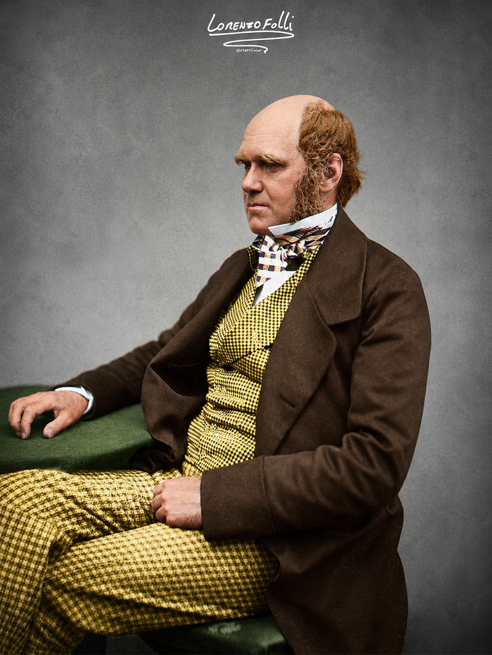 A man in a brown coat and yellow plaid suit sits sideways on a green bench, with balding hair and sideburns, set against a plain gray background.