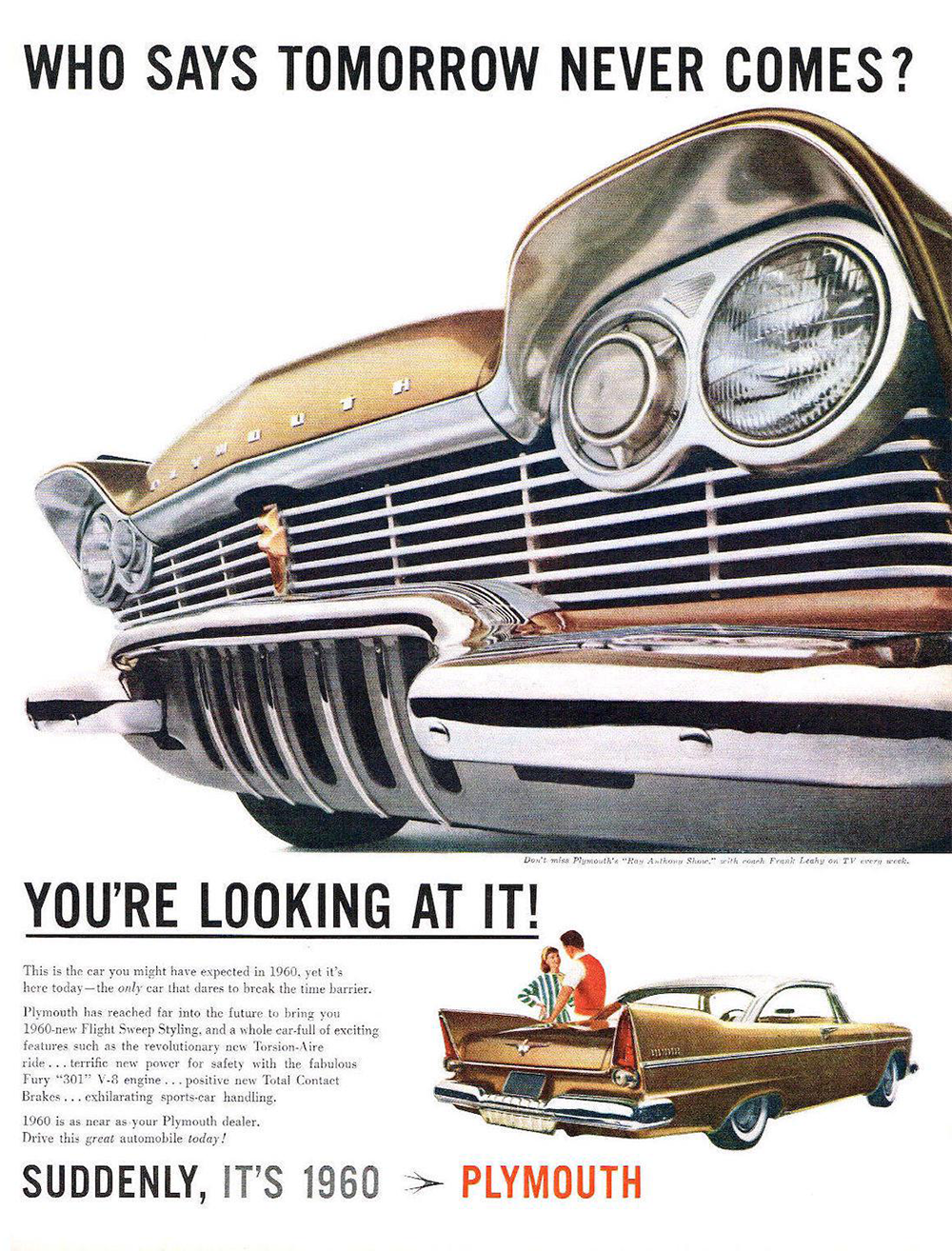 Close-up of a gold 1960 Plymouth car with prominent grille and headlights. Inset shows a couple unloading groceries from the trunk. Text promotes the new Plymouth model with the slogan: “Suddenly, it’s 1960. Plymouth.”
