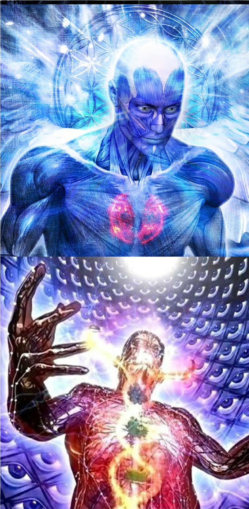Two abstract, glowing humanoid figures radiate colorful light and energy, with geometric patterns in the background, symbolizing spiritual awakening or higher consciousness.