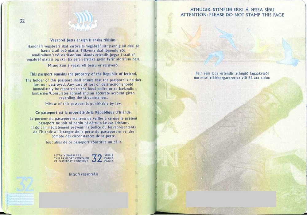 An Icelandic passport open to pages with Icelandic and English text, colorful bird illustrations, a ship watermark, and security features, with some text blurred at the bottom.