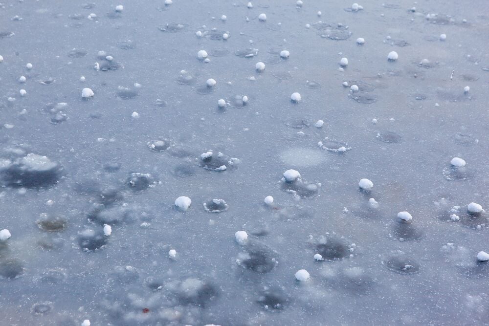 Icy surface with scattered, small, round white snowballs or ice pellets frozen within or on top of the ice, creating a textured and uneven pattern.