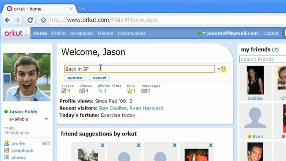 Screenshot of an Orkut profile page showing a welcome message for Jason, his profile photo, recent visitors, friends, and a status update text box with the message “Back in SF” being typed.