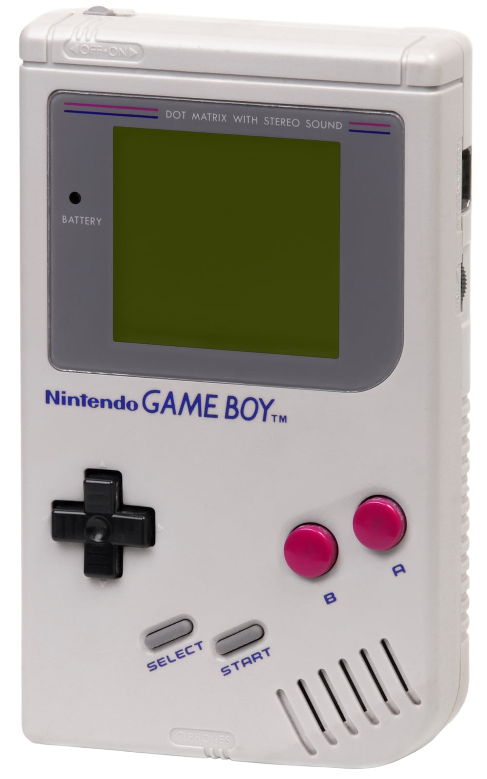 A classic gray Nintendo Game Boy handheld console with a black D-pad, purple A and B buttons, and Start and Select buttons below the screen.