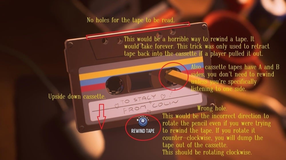 A hand holds a cassette tape labeled “To Stacy from Colin.” Yellow and red text explains how not to rewind the tape with a pencil, noting the cassette is upside down and the wrong hole and direction are highlighted.