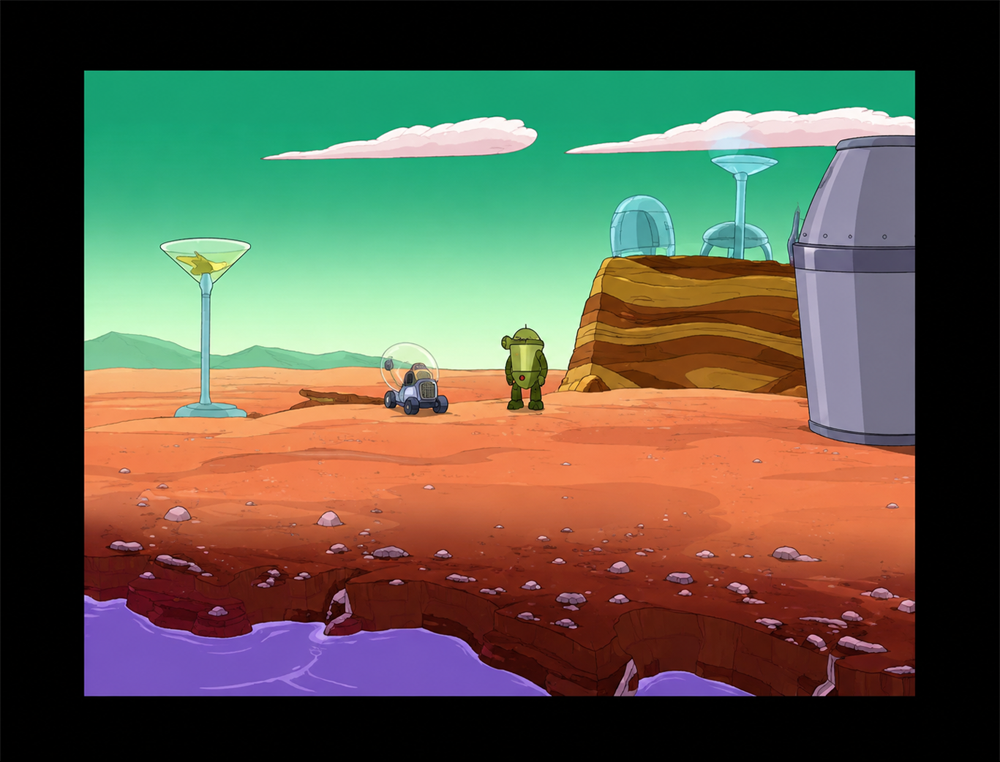 A small robot and a green figure stand on a reddish alien landscape with domed buildings, a large martini glass, and a purple shoreline under a green sky with clouds.