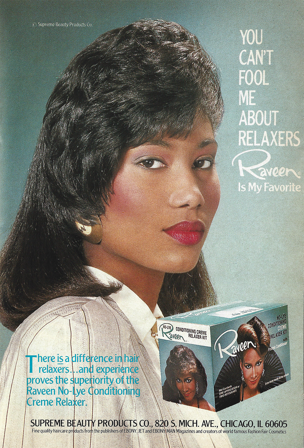 A woman with styled hair and red lipstick poses beside a box of Raveen No-Lye Conditioning Creme Relaxer; text highlights the product’s superiority for hair relaxing.
