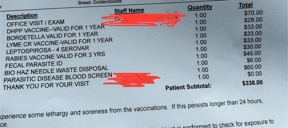 A veterinary invoice listing various services and vaccinations for a dog, including exam, vaccines, tests, and waste disposal, with prices and a total of $338.00. Staff names and patient info are redacted.