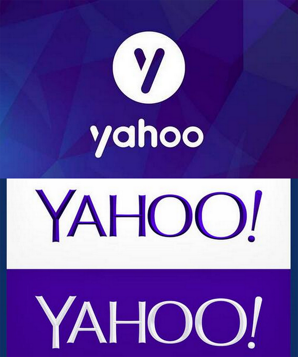 Three Yahoo logos: the top has a modern circular Y symbol and “yahoo” in lowercase; the middle and bottom show “YAHOO!” in purple uppercase letters, with different backgrounds and shades of purple.