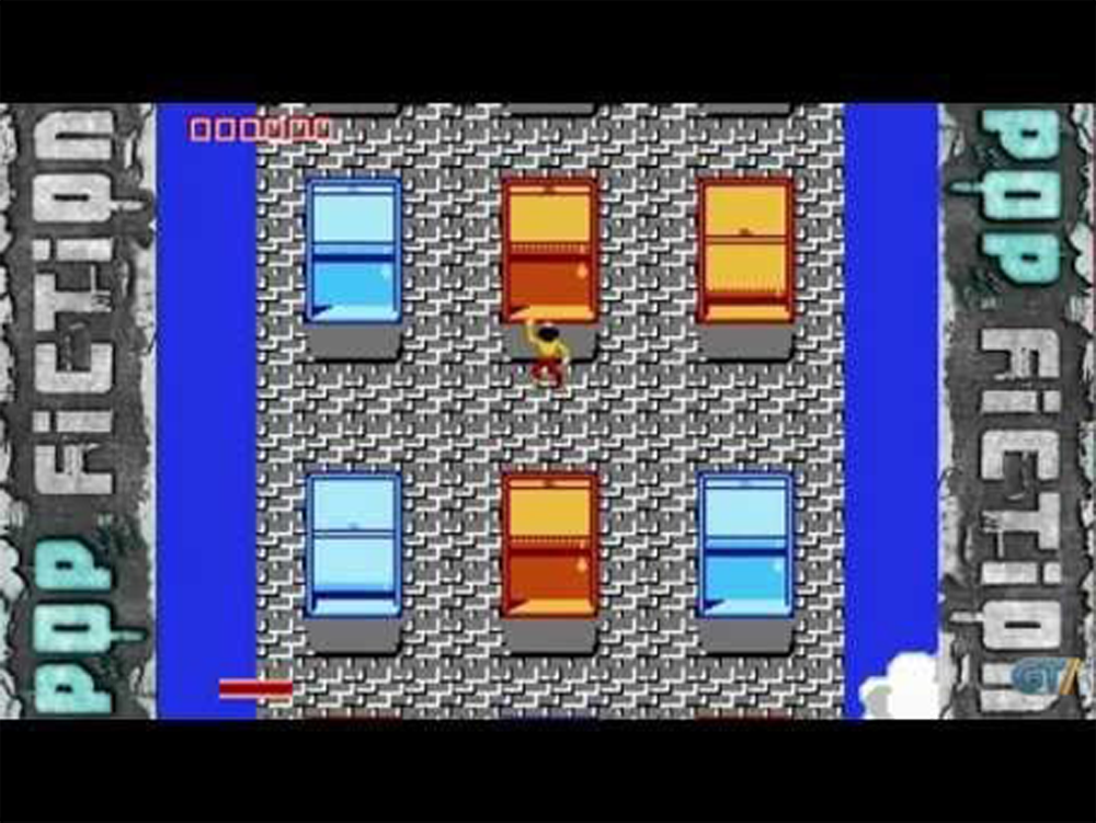 A pixelated video game character climbs a brick building with blue and orange windows. “POP FICTION” text appears on both sides of the screen.