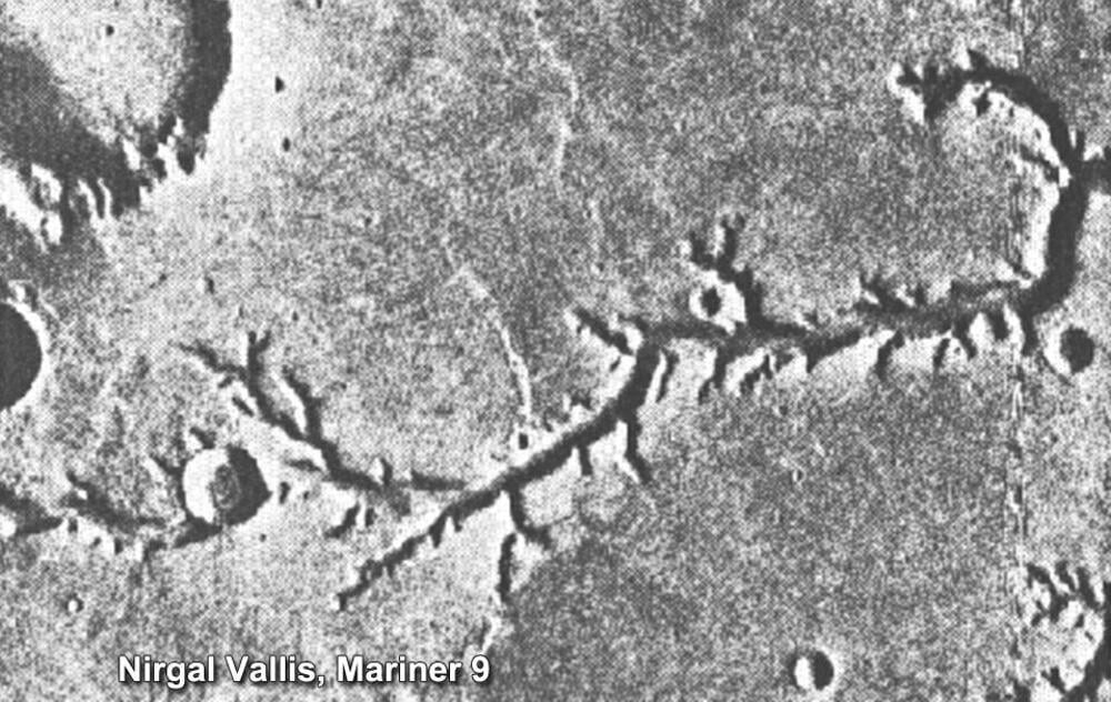 Black and white image of Mars’ surface showing a branching, canyon-like formation with several craters. Text at the bottom reads: “Nirgal Vallis, Mariner 9.”