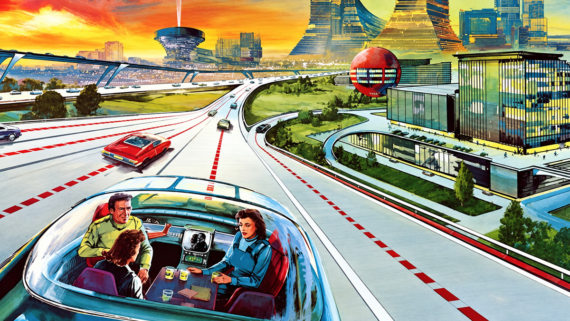 A futuristic cityscape with people riding in a self-driving car, modern buildings, flying vehicles, and highways filled with other cars under a colorful sunset sky.