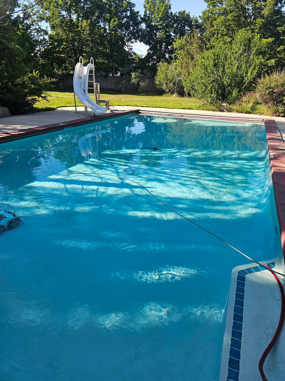 A clear blue outdoor swimming pool with a slide at the far end, surrounded by greenery and trees, with cleaning equipment visible in the water.
