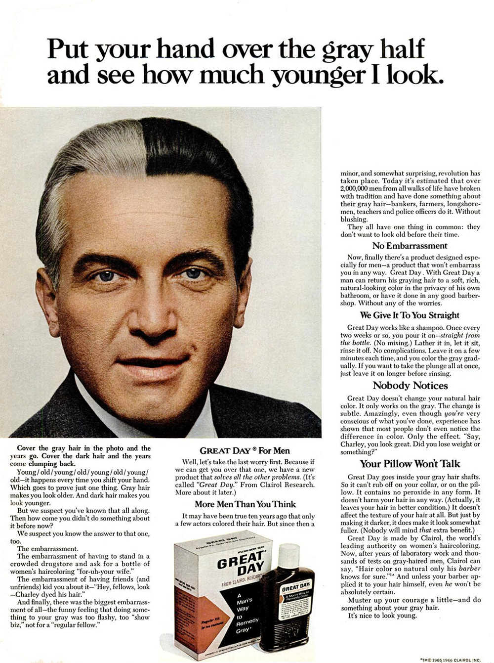 A split-face image of a man: left side has gray hair and looks older, right side has dark hair and looks younger. Text promotes a hair coloring product for men called GREAT DAY. Product boxes shown at the bottom.