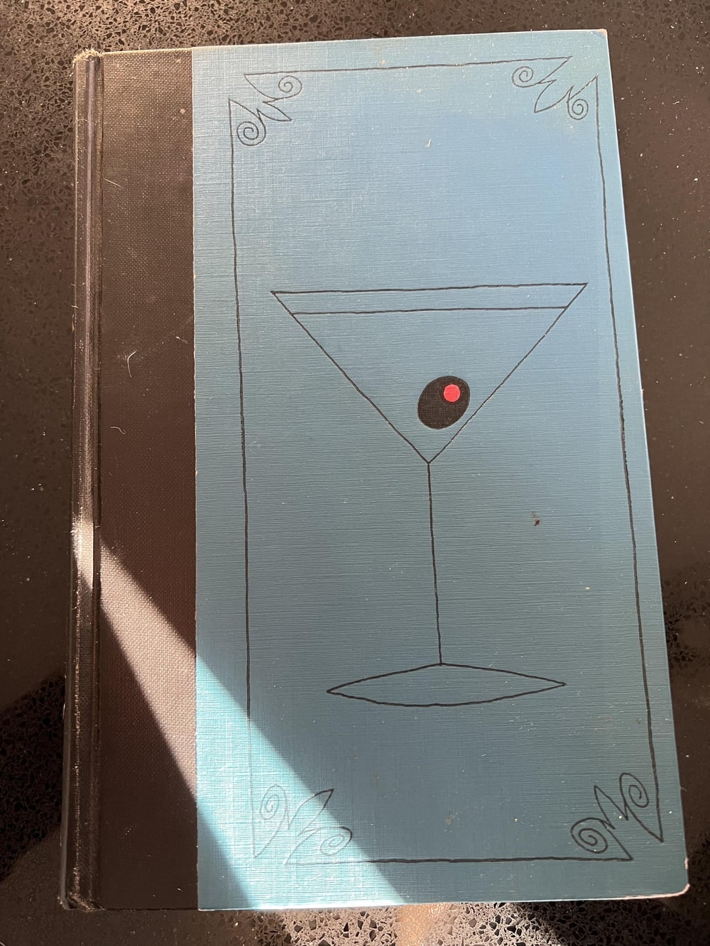 A blue and black book cover features a simple line drawing of a martini glass with an olive, outlined by a decorative border and swirling corner designs. Sunlight casts a shadow across the cover.