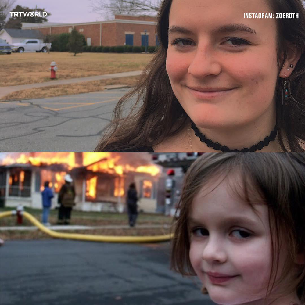 Split image: Top shows a smiling young woman with a street in the background; bottom shows a girl smirking in front of a house on fire, mimicking the famous “Disaster Girl” meme.