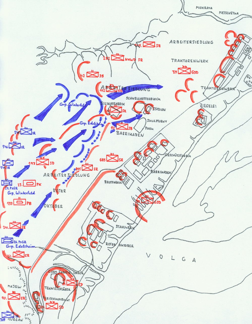 Hand-drawn military map showing troop positions in red and blue, labeled with unit codes and symbols, detailing movements and locations near the Volga River in a city area, with arrows indicating directions of attack.