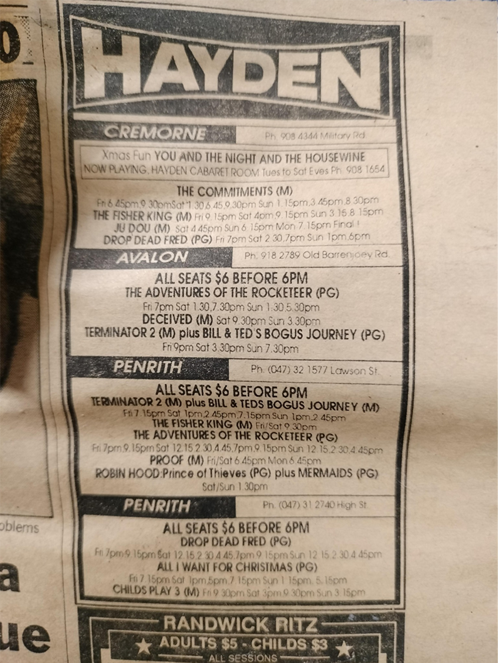Old newspaper movie listings for Hayden cinemas, with showtimes and ticket prices for movies like “The Commitments,” “Avalon,” “Terminator 2,” and others. The ad also mentions discounts for tickets bought before 6pm.