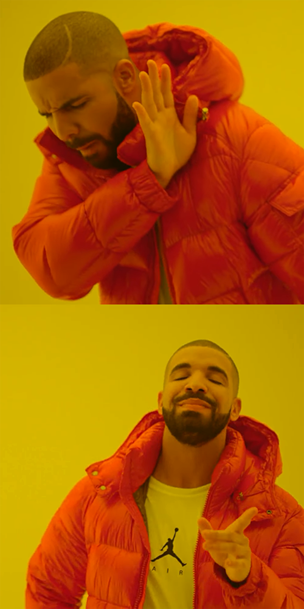 A man in an orange jacket disapproves in the top frame and smiles approvingly in the bottom frame, both against a yellow background.
