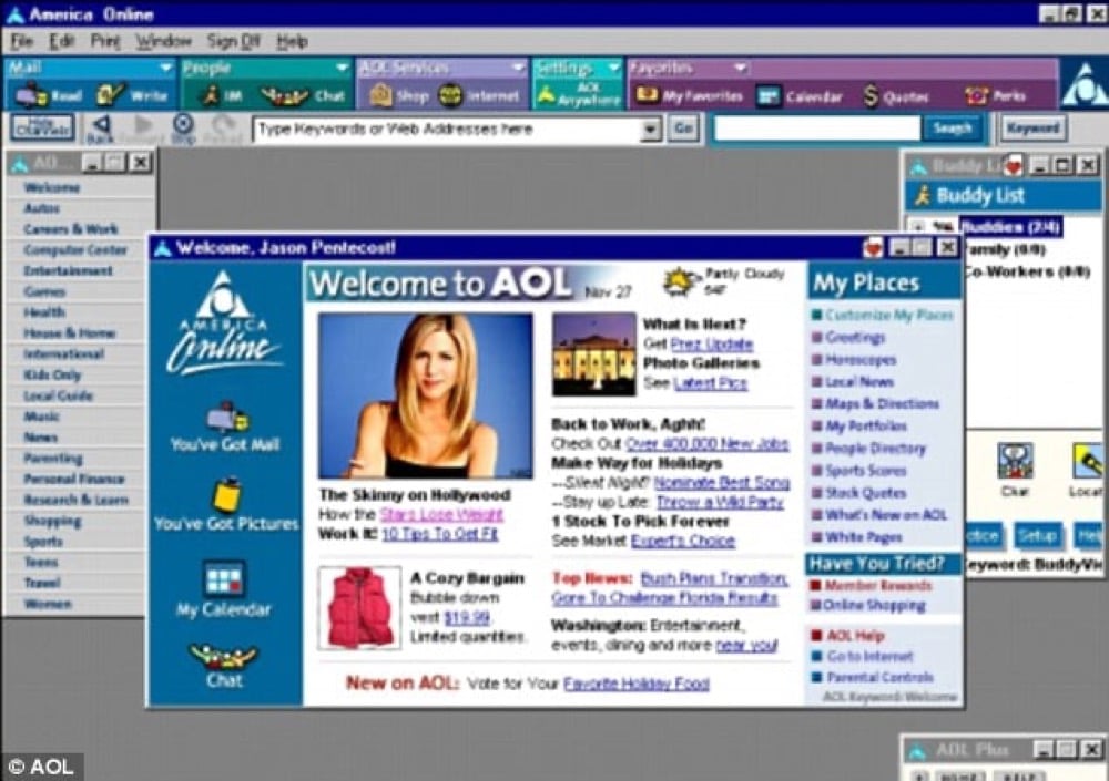 Screenshot of an old AOL welcome page with various icons, blue menu bars, and email notifications, showcasing a retro computer interface and layout from the early 2000s.