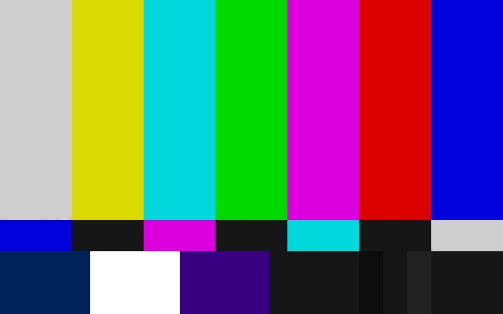Vertical color bars in white, yellow, cyan, green, magenta, red, and blue with a black bar at the bottom, resembling a classic TV test pattern.