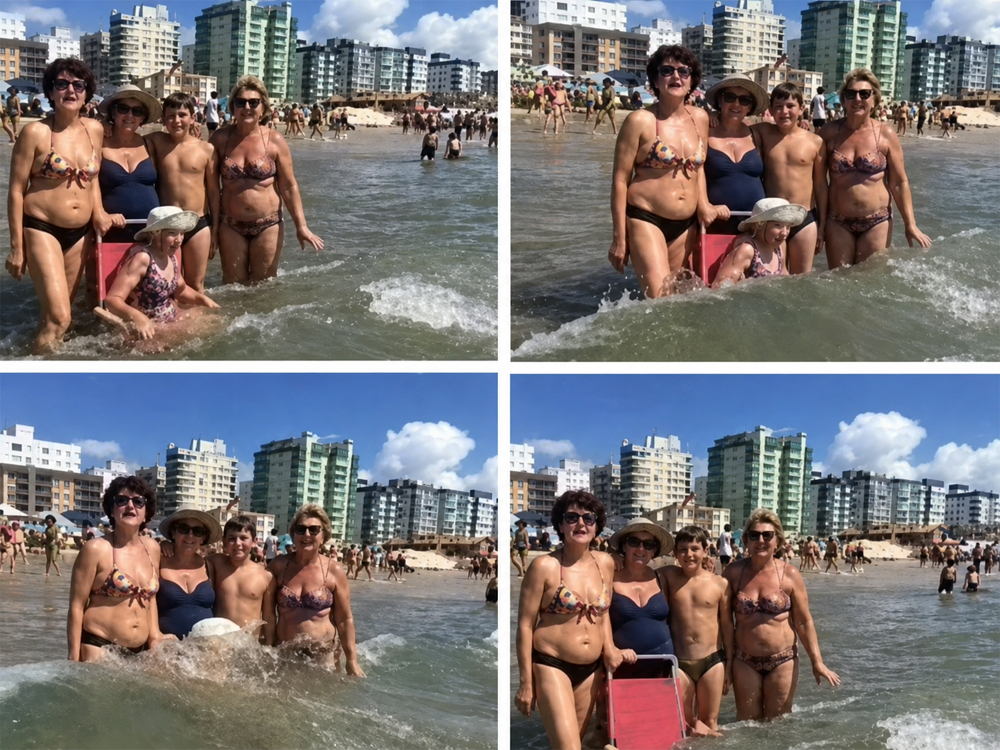 Four women and a child stand in shallow ocean water at a busy beach; in each of the four images, a wave splashes, causing the group to react and laugh, with city buildings in the background.