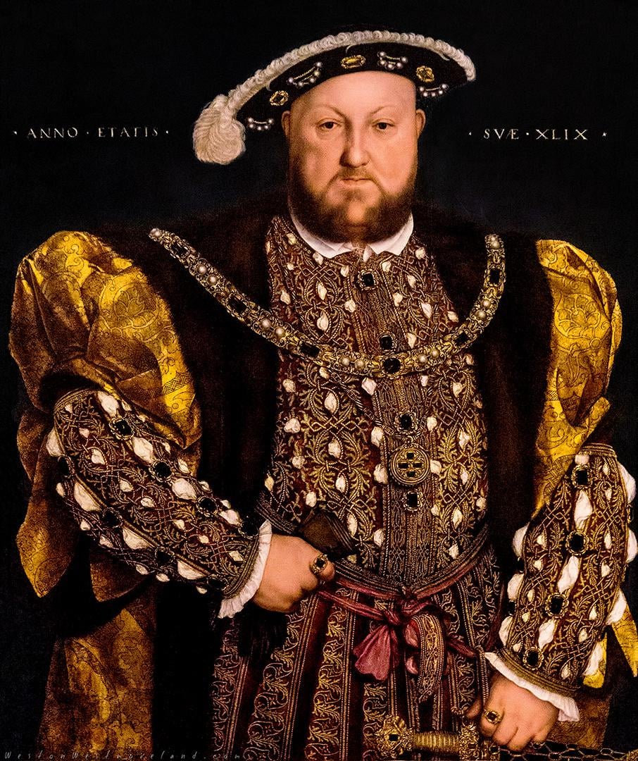 A man in elaborate, gold-embroidered Tudor clothing and a feathered hat stands holding a glove, posing for a formal portrait against a dark background. Text appears in Latin near his head.