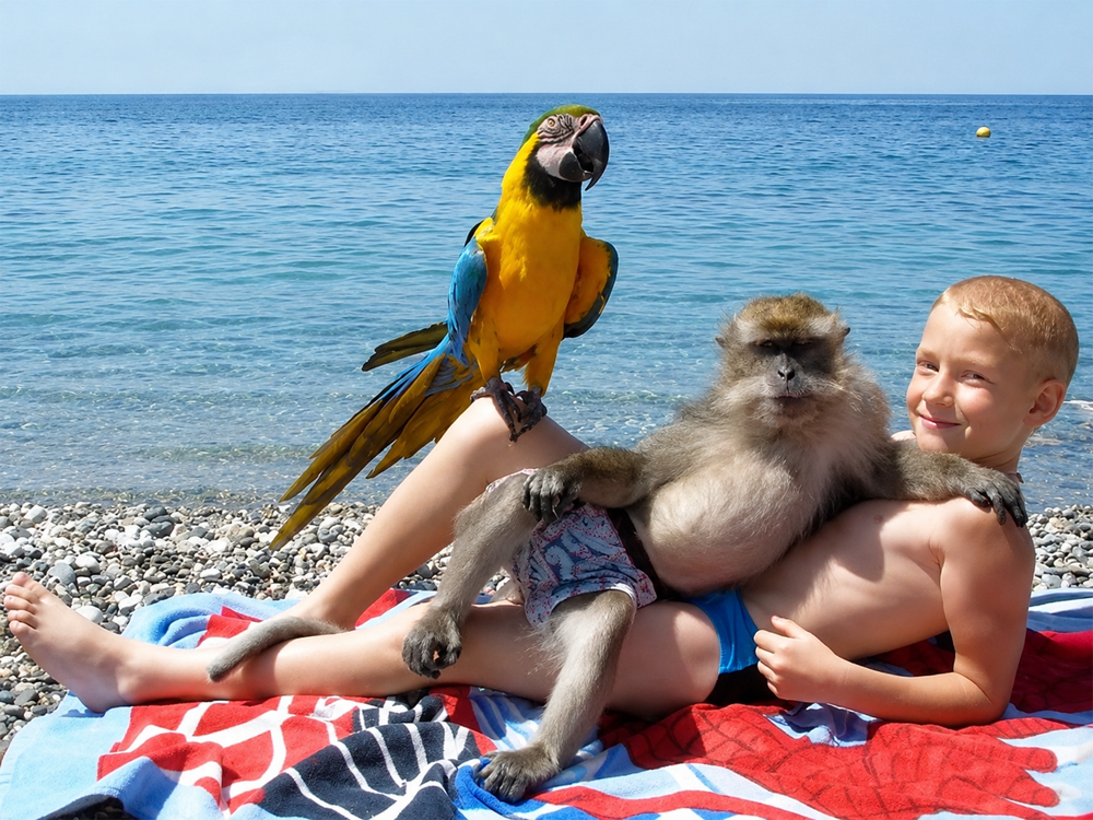 A smiling child in swim trunks sits on a beach towel by the sea, holding a monkey in shorts on their lap, with a colorful parrot perched on the child’s knee.